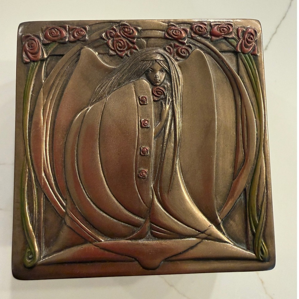 Veronese Design Art Nouveau Winged Maiden Rose Bronze Trinket Box 2010